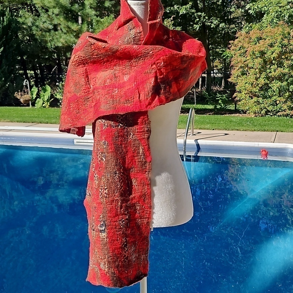 Scarf Handcrafted Wool and Silk New 79x12"  Fall Red Rust Brown Unique